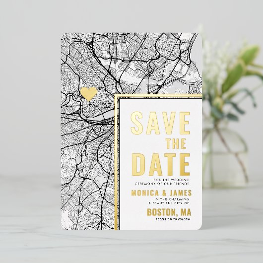 Boston Liebe Locator | Städteplan Save the Date Folieneinladung (Stehend vorne)