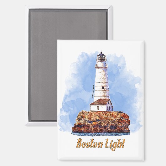 Boston Light Lighthouse Watercolor - Massachusetts Magnet (Vorderseite/Rückseite)