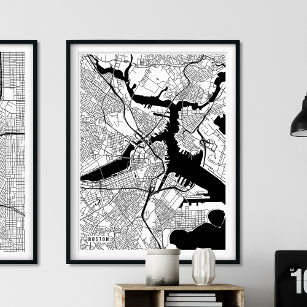 Boston Map, Black and White Minimal City Map Poster