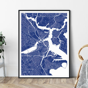Boston Map, Minimal Navy Blue Line Map Poster