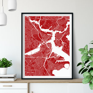 Boston Map, Red Modern Street Map Poster