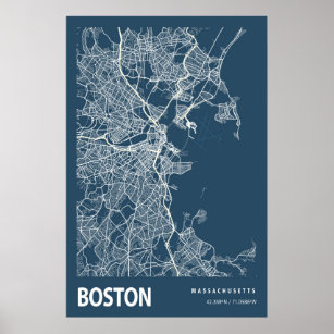 Boston Massachusetts City Map Line Art Blue Print Poster