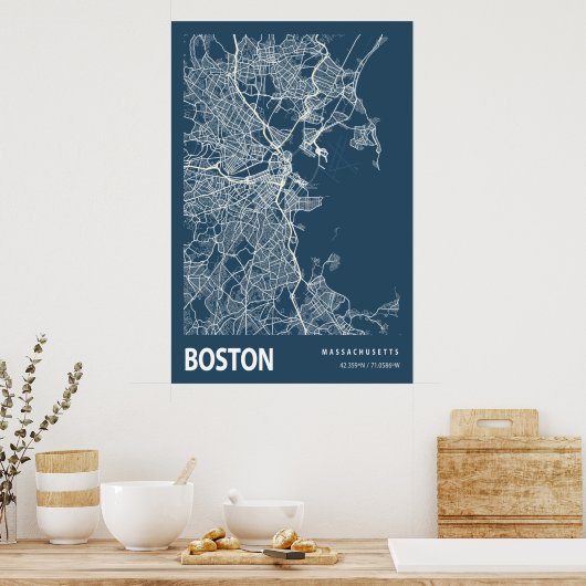 Boston Massachusetts City Map Line Art Blue Print Poster (Küche)
