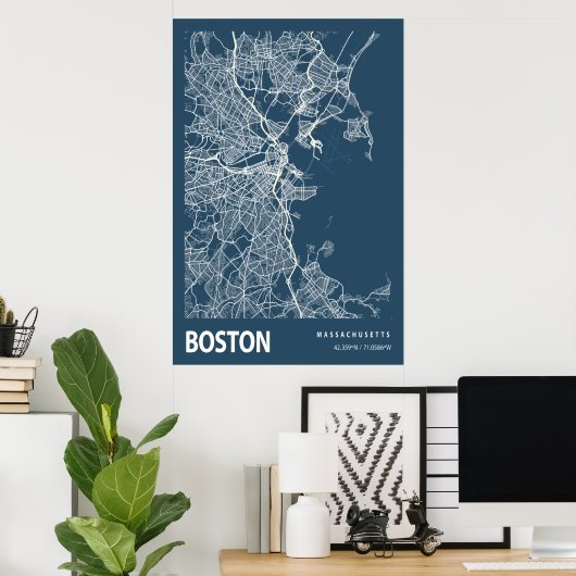 Boston Massachusetts City Map Line Art Blue Print Poster (Heimbüro)