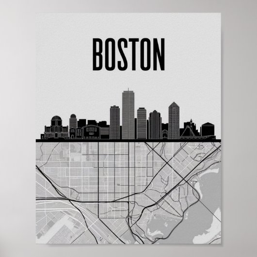 Boston Massachusetts City Skyline mit Karte Poster (Vorne)