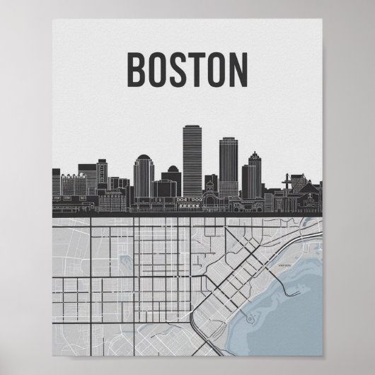 Boston Massachusetts City Skyline mit Karte Poster (Vorne)