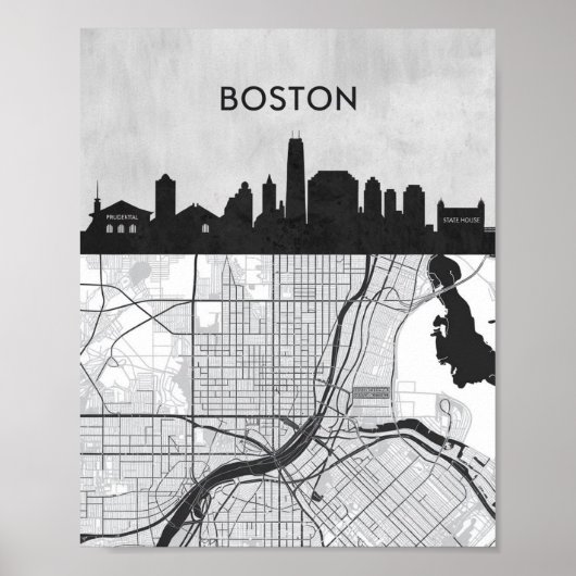 Boston Massachusetts City Skyline mit Karte Poster (Vorne)