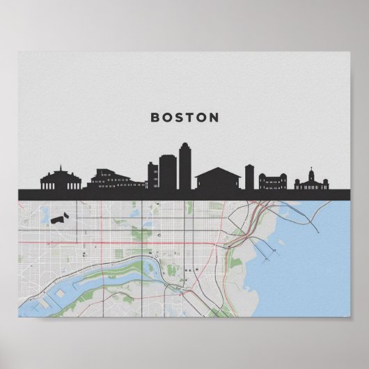 Boston Massachusetts City Skyline mit Karte Poster (Vorne)