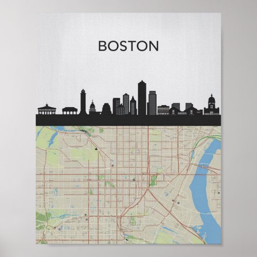 Boston Massachusetts City Skyline mit Karte Poster (Vorne)