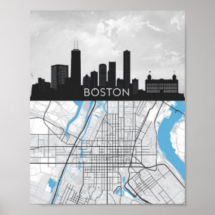 Boston Massachusetts City Skyline mit Karte Poster