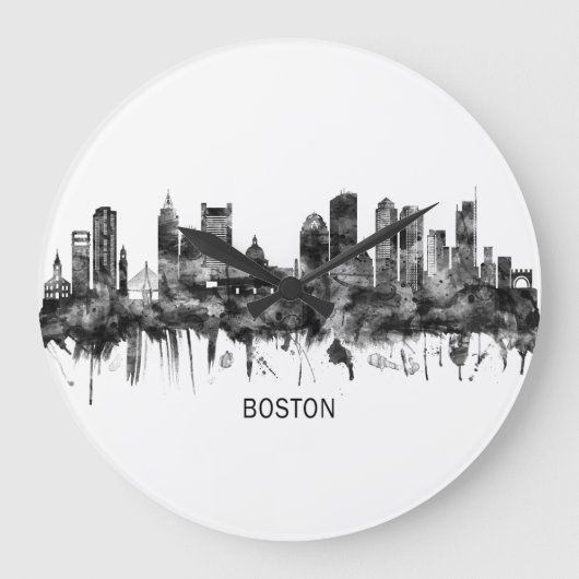 Boston Massachusetts Skyline BW Große Wanduhr (Vorderseite)