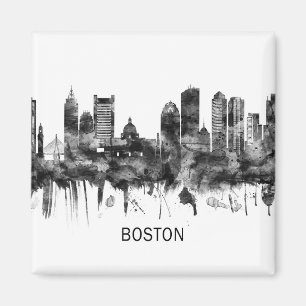 Boston Massachusetts Skyline BW Magnet