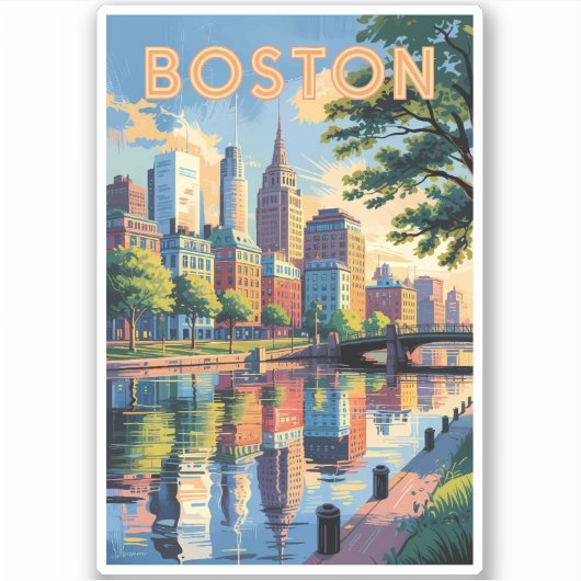 Boston Massachusetts Skyline Travel Art Vintag Aufkleber (Vorderseite)
