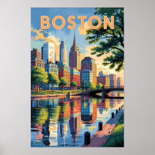 Boston Massachusetts Skyline Travel Art Vintag Poster