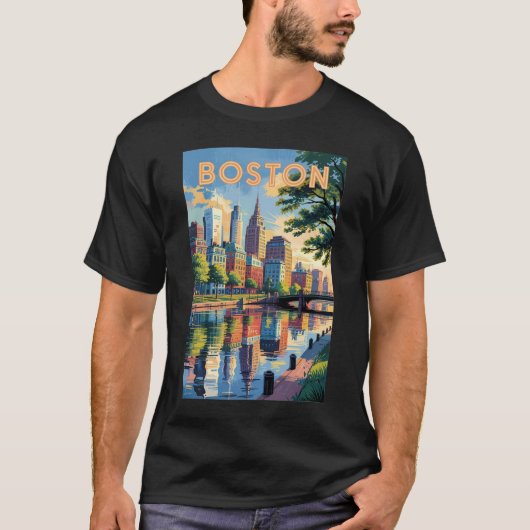 Boston Massachusetts Skyline Travel Art Vintag T-Shirt (Vorderseite)