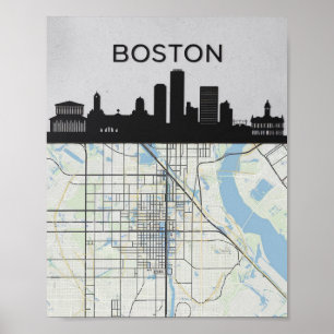 Boston Massachusetts Stadt-Skyline mit Karte Poster