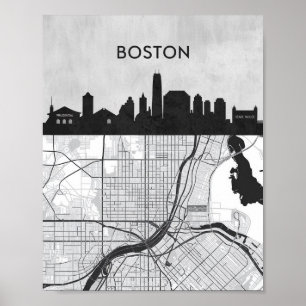 Boston Massachusetts Stadt-Skyline mit Karte Poster