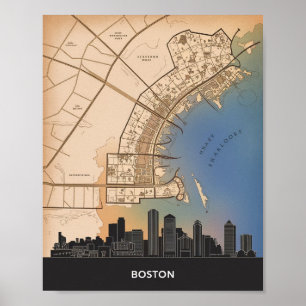 Boston Massachusetts Stadt-Skyline mit Vintage-Kar Poster