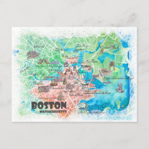 Boston Massachusetts USA Illustriert Map Postkarte