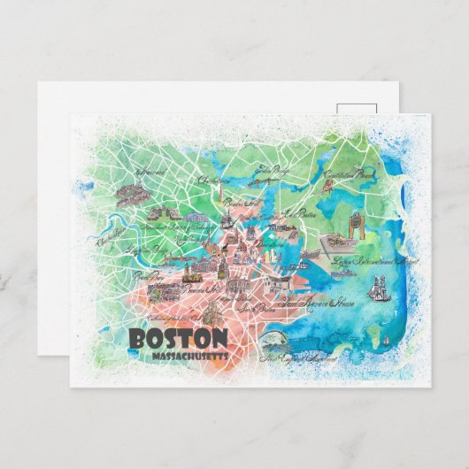 Boston Massachusetts USA Illustriert Map & roads Postkarte (Vorne/Hinten)
