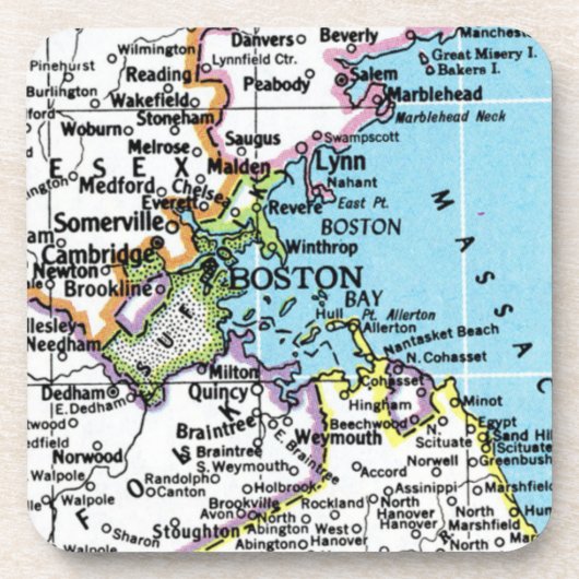 Boston, Massachusetts Vintage Karte Getränkeuntersetzer (Vorderseite)