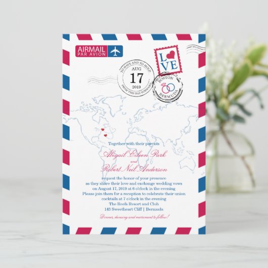 Boston nach Bermuda Wedding Airmail Einladung (Stehend Vorderseite)