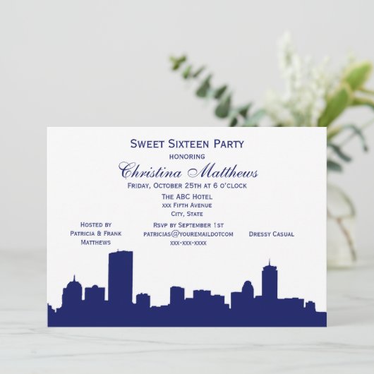 Boston Navy Skyline Silhouette Sweet 16 Party Einladung (Stehend Vorderseite)
