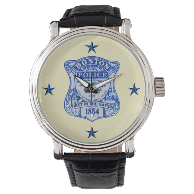 Boston Police Custom Black Vintag Leather Armbanduhr (Vorderseite)