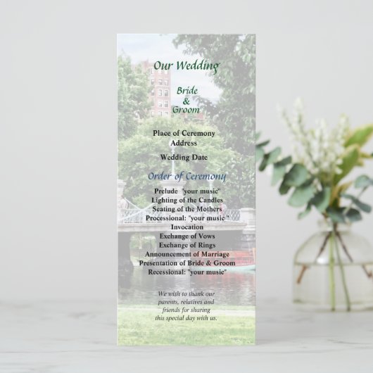 Boston Public Garden Bridge Wedding Program Programm (Stehend Vorderseite)