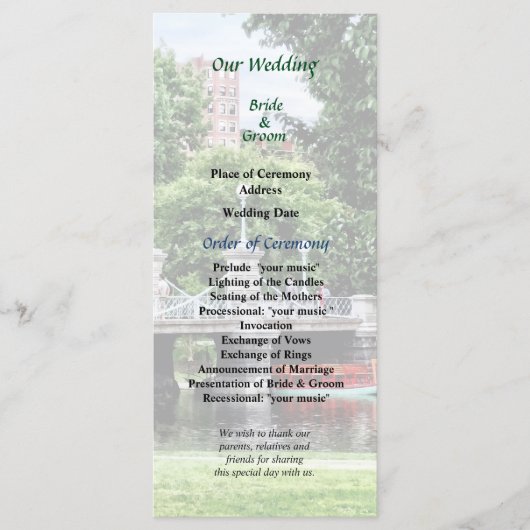 Boston Public Garden Bridge Wedding Program Programm (Vorderseite)