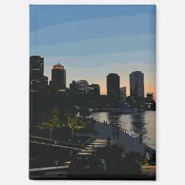 Boston Seaport Sunset City Skyline Watercolor Magnet