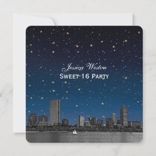 Boston Skyline Blue Starry Etched Sweet 16 Einladung (Vorderseite)