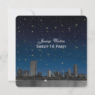 Boston Skyline Blue Stern Etched Sweet 16 Einladung