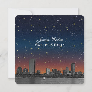 Boston Skyline Blue Stern Etched Sweet 16 Einladung