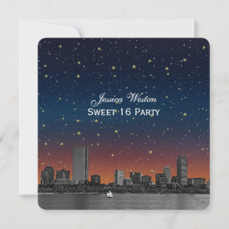 Boston Skyline Blue Stern Etched Sweet 16 Einladung