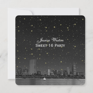 Boston Skyline Blue Stern Etched Sweet 16 Einladung