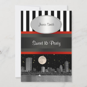 Boston Skyline BW Blk Wht Strp Red Sweet 16 Party Einladung