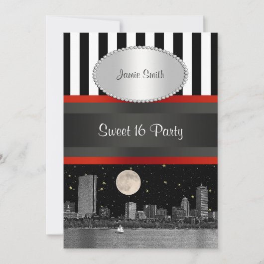 Boston Skyline BW Blk Wht Strp Red Sweet 16 Party Einladung (Vorderseite)