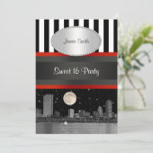 Boston Skyline BW Blk Wht Strp Red Sweet 16 Party Einladung (Stehend Vorderseite)
