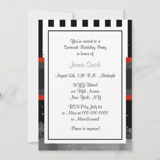 Boston Skyline BW Blk Wht Strp Red Sweet 16 Party Einladung (Rückseite)