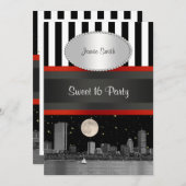 Boston Skyline BW Blk Wht Strp Red Sweet 16 Party Einladung (Vorne/Hinten)