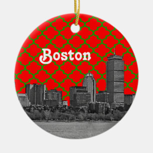 Boston Skyline Etched Green Red Quarter BG Xmas Keramikornament