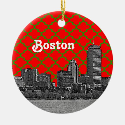 Boston Skyline Etched Green Red Quarter BG Xmas Keramikornament (Vorne)