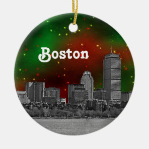 Boston Skyline Etched Green Red Starry Sky Xmas Keramikornament
