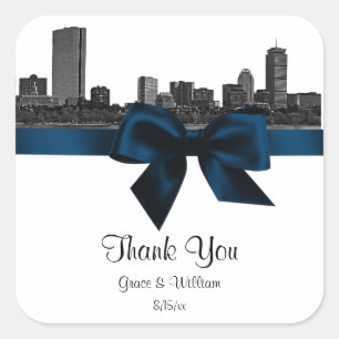 Boston Skyline geätzt BW Navy Blau Favor Tag Quadratischer Aufkleber