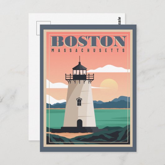 Boston Skyline & Lighthouse | Massachusetts Postkarte (Vorne/Hinten)