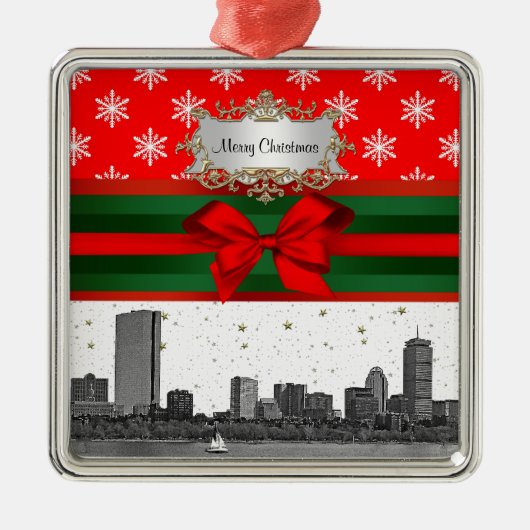 Boston Skyline Red Snowflake Weihnachten Ornament Aus Metall (Vorne)