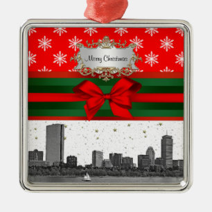 Boston Skyline Rotes Schneeflocken-Weihnachten Ornament Aus Metall