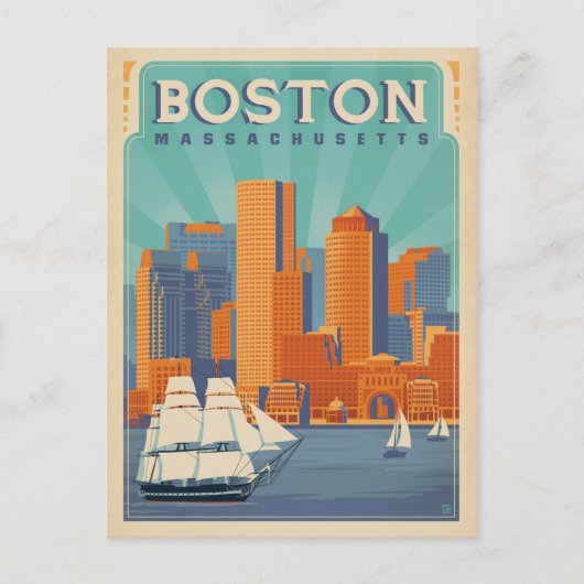 Boston Skyline & Sailboote | Massachusetts Postkarte (Vorderseite)