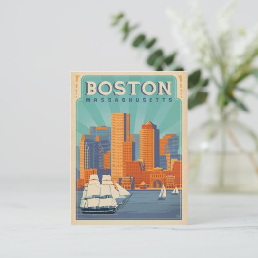 Boston Skyline & Sailboote | Massachusetts Postkarte (Stehend Vorderseite)